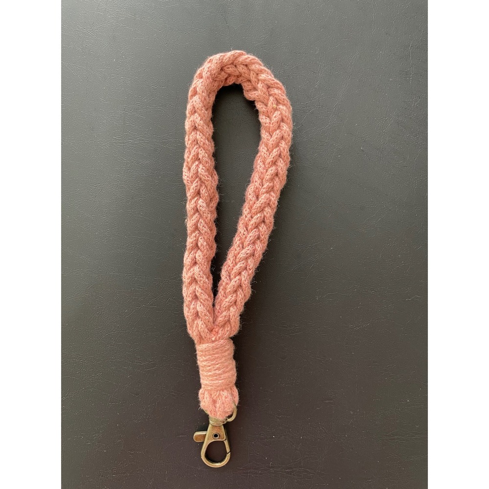 Handmade Braided Cotton Wristlet Keychain Boho Pink Dusty Rose Lobster Clasp 7in
